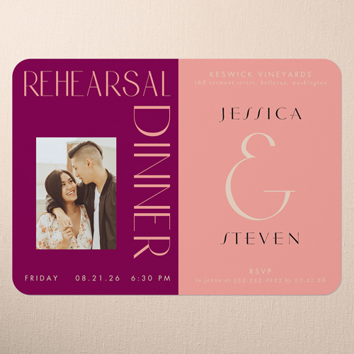 Chromatic Charm Rehearsal Dinner Invitation, Pink, 5x7 Flat, 100% Recycled Cardstock ?, Rounded