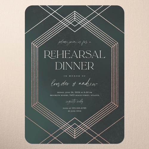Diamond Deco Rehearsal Dinner Invitation, Green, Rose Gold Foil, 5x7 Flat, Pearl Shimmer Cardstock, Rounded