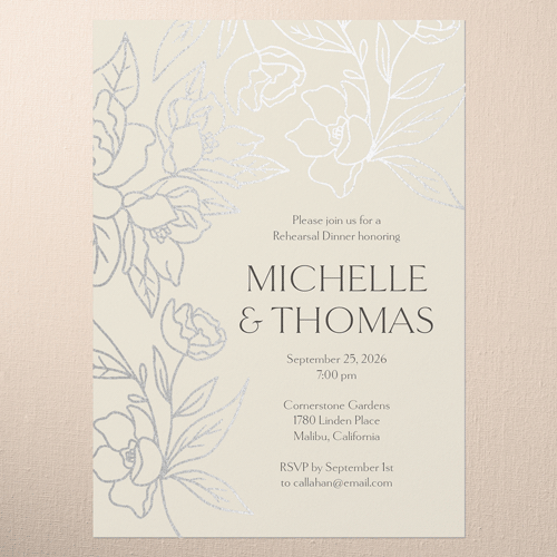 Floral Fantasy Rehearsal Dinner Invitation, Beige, Silver Foil, 5x7 Flat, Luxe Double-Thick Cardstock, Square