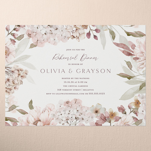 Hydrangea Highlight Rehearsal Dinner Invitation, Pink, 5x7 Flat, Matte, Signature Smooth Cardstock, Square, Blush