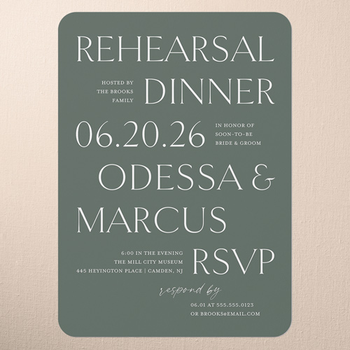 Staggered Type Rehearsal Dinner Invitation, Green, 5x7 Flat, Matte, Signature Smooth Cardstock, Rounded