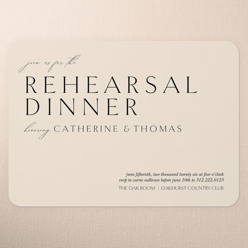 Smooth Sweeping Script Rehearsal Dinner Invitation, Beige, 5x7 Flat, 100% Recycled Cardstock , Rounded, Cream