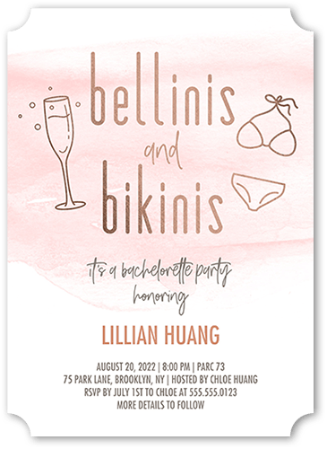 Bellinis and Bikinis Bachelorette Party Invitation, White, 5x7 Flat, Pearl Shimmer Cardstock, Ticket