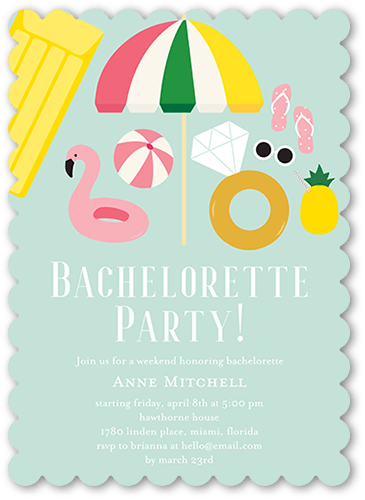 Pool Party Bash Bachelorette Party Invitation, Blue, 5x7, Pearl Shimmer Cardstock, Scallop