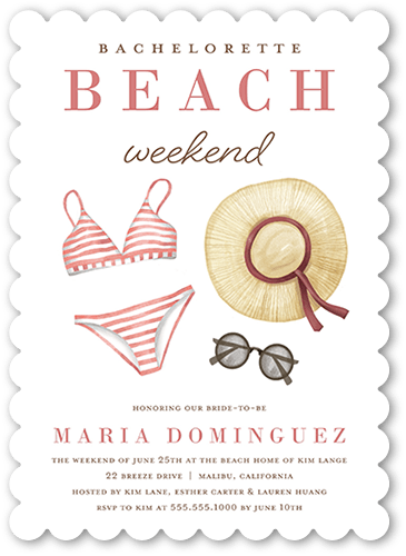 Beach Weekend Bachelorette Party Invitation, White, 5x7 Flat, Pearl Shimmer Cardstock, Scallop