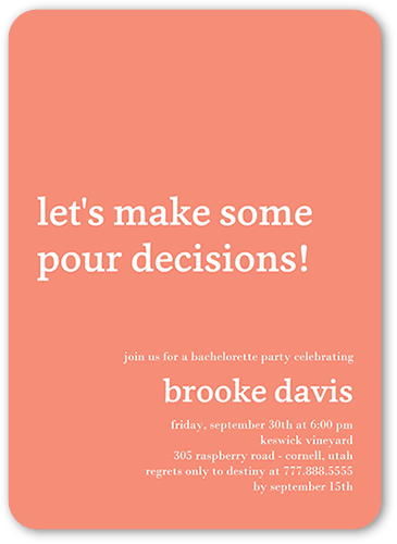 Let's Pour Bachelorette Party Invitation, Pink, 5x7 Flat, Write Your Own Greeting, Matte, Signature Smooth Cardstock, Rounded