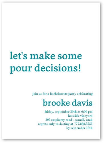 Let's Pour Bachelorette Party Invitation, White, 5x7 Flat, Write Your Own Greeting, 100% Recycled Cardstock , Square, White