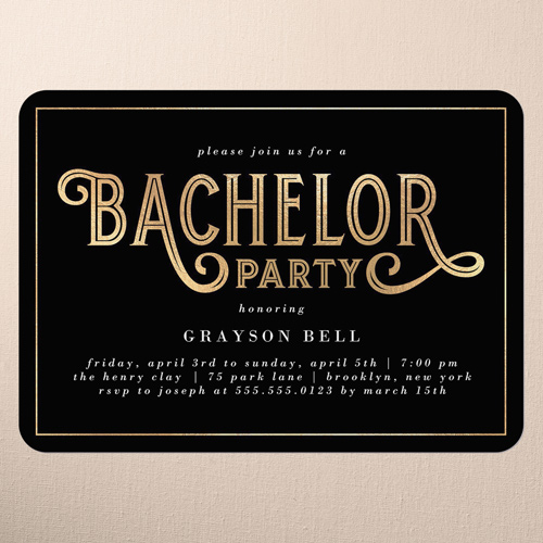 Eloquent Elegance Bachelor Party Invitation, Black, 5x7 Flat, Pearl Shimmer Cardstock, Rounded