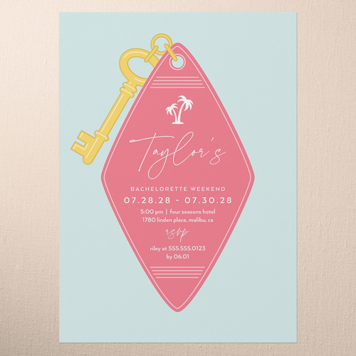 Key To Paradise Bachelorette Party Invitation, Pink, 5x7 Flat, Pearl Shimmer Cardstock, Square