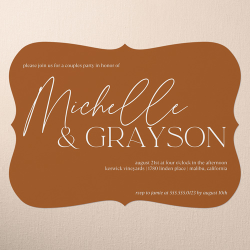 Typeface Names Couples Party Invitation, Orange, 5x7 Flat, Pearl Shimmer Cardstock, Bracket, White