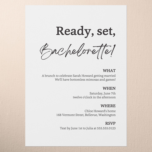 Ready Set Bachelorette Party Invitation, White, 5x7 Flat, Write Your Own Greeting, Luxe Double-Thick Cardstock, Square, White