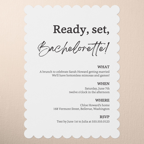 Ready Set Bachelorette Party Invitation, White, 5x7 Flat, Pearl Shimmer Cardstock, Scallop