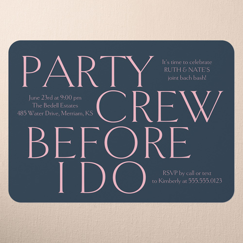 Party Crew Bachelor Party Invitation, Blue, 5x7 Flat, Standard Smooth Cardstock, Rounded, White