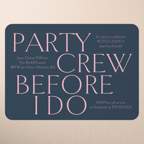 Party Crew Bachelor Party Invitation, Blue, 5x7 Flat, Pearl Shimmer Cardstock, Rounded