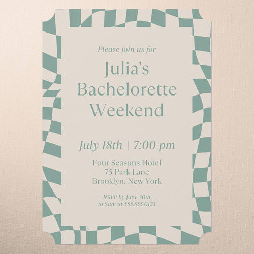 Wavy Checkered Bachelorette Party Invitation, Green, 5x7 Flat, Pearl Shimmer Cardstock, Ticket