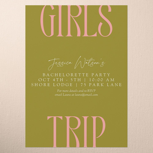 Big Trip Bachelorette Party Invitation, Green, 5x7 Flat, Pearl Shimmer Cardstock, Square