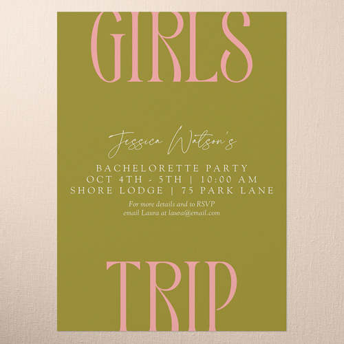 Big Trip Bachelorette Party Invitation, Green, 5x7 Flat, Pearl Shimmer Cardstock, Square, Green