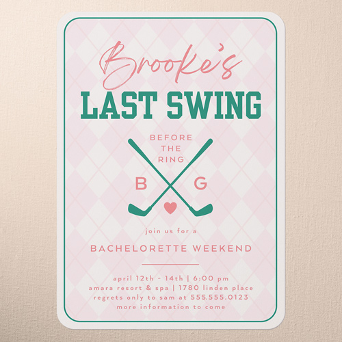 Golf Getaway Bachelorette Party Invitation, Pink, 5x7 Flat, Pearl Shimmer Cardstock, Rounded