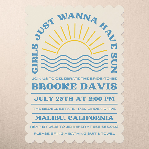 Sunny Seascape Bachelorette Party Invitation, Beige, 5x7 Flat, Pearl Shimmer Cardstock, Scallop