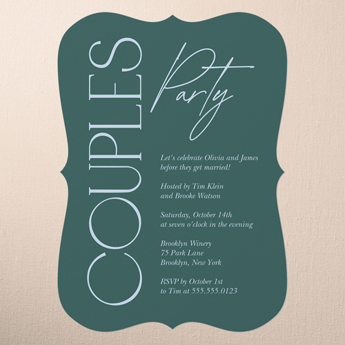 Timeless Type Couples Party Invitation, Green, 5x7 Flat, Pearl Shimmer Cardstock, Bracket, White