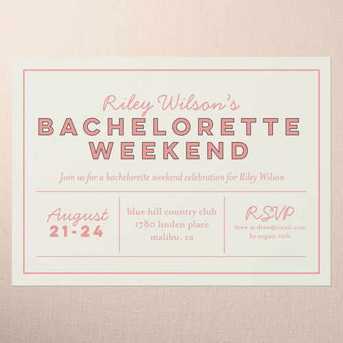 Outlined Headline Bachelorette Party Invitation, Pink, 5x7 Flat, Pearl Shimmer Cardstock, Square