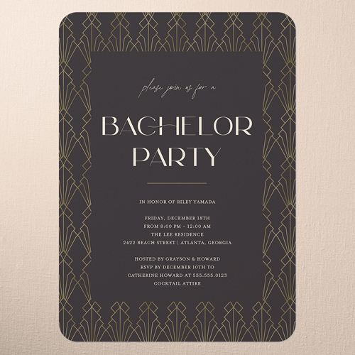 Deco Decor Bachelor Party Invitation, Black, 5x7 Flat, Pearl Shimmer Cardstock, Rounded