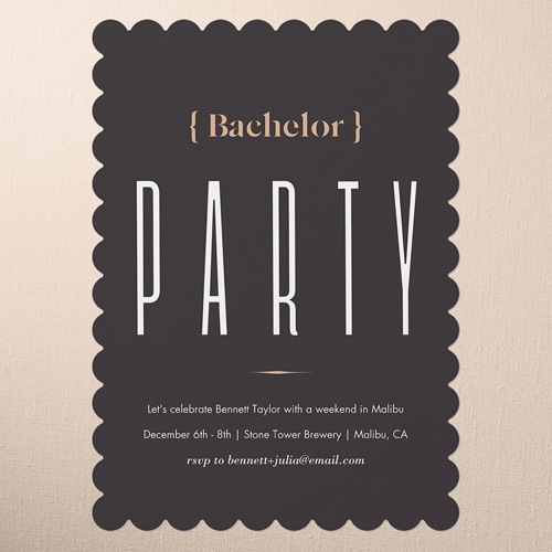 Tasteful Type Bachelor Party Invitation, Black, 5x7 Flat, Matte, Signature Smooth Cardstock, Scallop