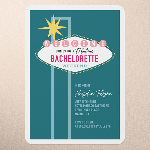 Iconic Lights Bachelorette Party Invitation, Green, 5x7 Flat, Pearl Shimmer Cardstock, Rounded