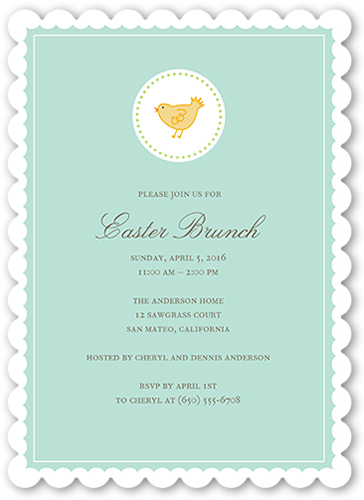 Chique Chick Easter Invitation, Blue, Pearl Shimmer Cardstock, Scallop