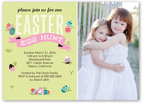 Egg Hunt Banner Easter Invitation, Green, Pearl Shimmer Cardstock, Square