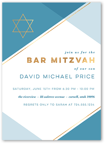 Bright Diagonal Bar Mitzvah Invitation, Blue, 5x7 Flat, Pearl Shimmer Cardstock, Square