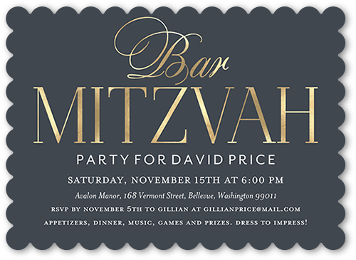 Lustrous Text Bar Mitzvah Invitation, Gray, 5x7 Flat, Pearl Shimmer Cardstock, Scallop