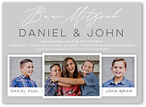 Brilliant Snapshot Bar Mitzvah Invitation, Grey, 5x7 Flat, Pearl Shimmer Cardstock, Square, Fog