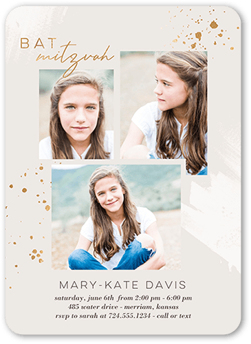 Beautiful Speckles Bat Mitzvah Invitation, Grey, 5x7 Flat, Standard Smooth Cardstock, Rounded