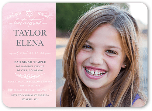 Gradient Laurel Bat Mitzvah Invitation, Pink, 5x7 Flat, 100% Recycled Cardstock , Rounded, Penelope