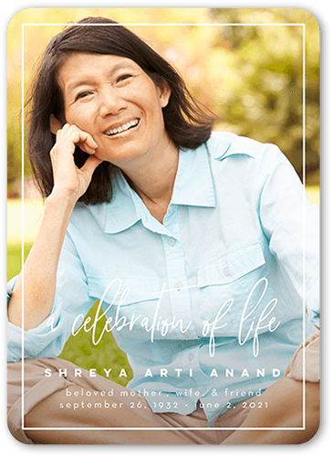 Celebration of Life Sympathy Card, White, 5x7 Flat, Standard Smooth Cardstock, Rounded