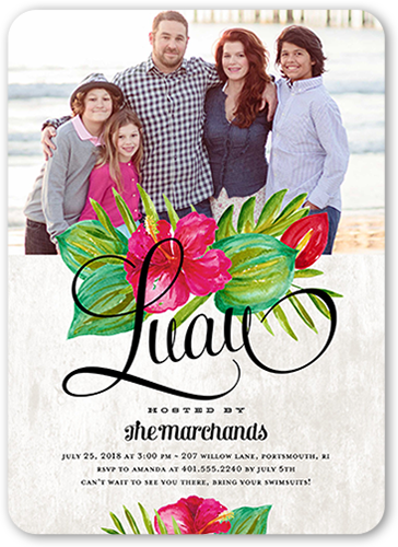 Floral Luau Summer Invitation, Blue, Standard Smooth Cardstock, Rounded, Morning Fog