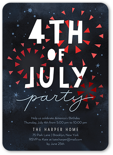 Fun Fireworks Summer Invitation, Black, 5x7 Flat, Pearl Shimmer Cardstock, Rounded, Silhouette