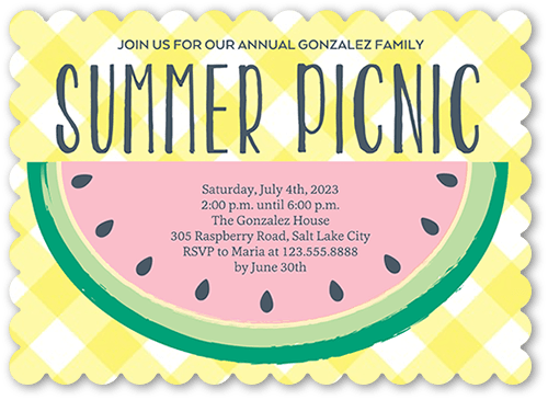 Watermelon Picnic Summer Invitation, Yellow, 5x7 Flat, Pearl Shimmer Cardstock, Scallop
