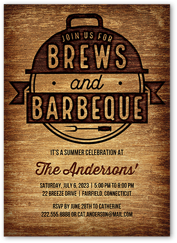 Brews and Barbeque Summer Invitation, Brown, 5x7, Standard Smooth Cardstock, Square