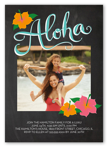 Chalkboard Aloha Summer Invitation, Black, Pearl Shimmer Cardstock, Square, Coal