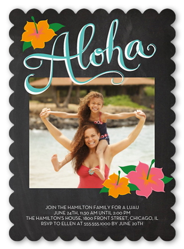 Chalkboard Aloha Summer Invitation, Black, Pearl Shimmer Cardstock, Scallop