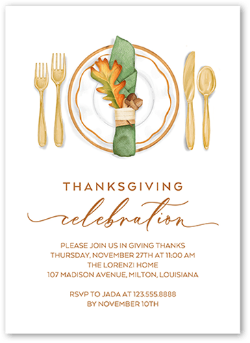 Thanksgiving Setting Fall Invitation, White, 5x7 Flat, 100% Recycled Cardstock , Square