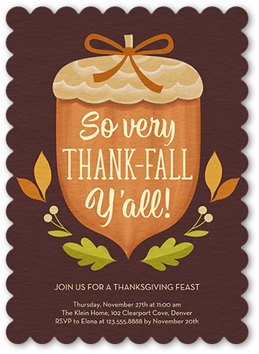Thankfall Yall Fall Invitation, Brown, 5x7 Flat, Pearl Shimmer Cardstock, Scallop