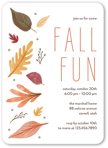 Falling Fronds Fall Invitation, White, 5x7 Flat, Pearl Shimmer Cardstock, Rounded