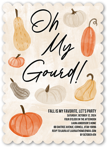 Oh My Gourd Fall Invitation, Beige, 5x7 Flat, Pearl Shimmer Cardstock, Scallop