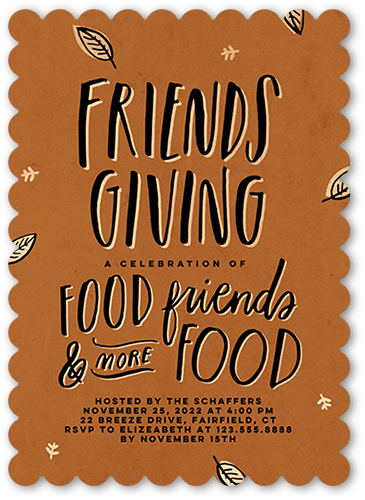 Friends Giving Fall Invitation, Brown, 5x7 Flat, Pearl Shimmer Cardstock, Scallop