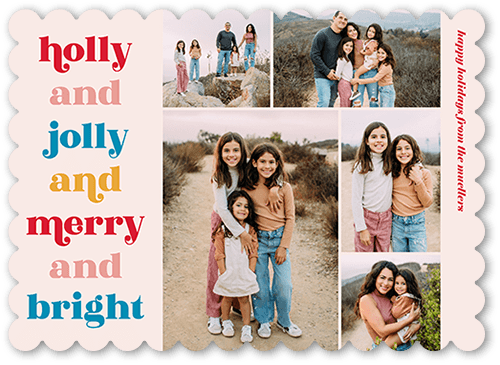 Joyously Jolly Christmas Card, Pink, 5x7, Christmas, Pearl Shimmer Cardstock, Scallop