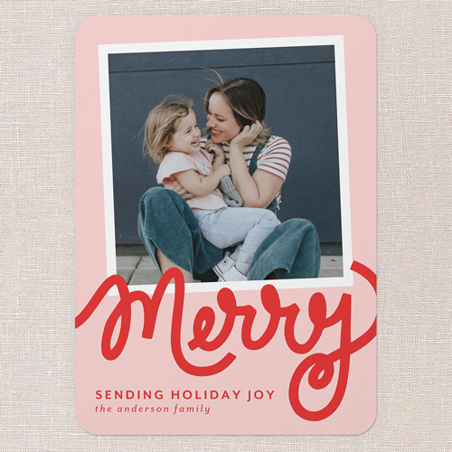Playful Merry Christmas Card, Pink, 5x7 Flat, Christmas, Pearl Shimmer Cardstock, Rounded, Blush