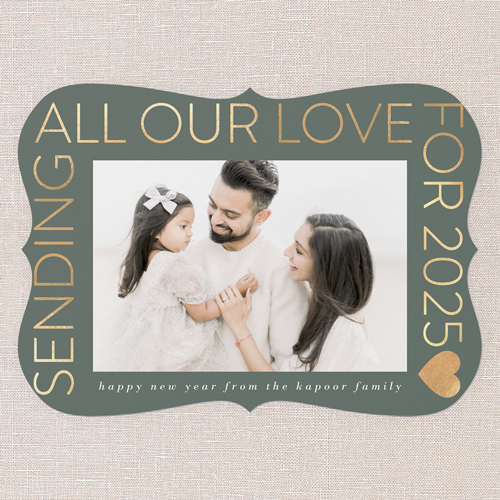 Sending All Our Love New Year's Card, Green, 5x7 Flat, New Year, Pearl Shimmer Cardstock, Bracket